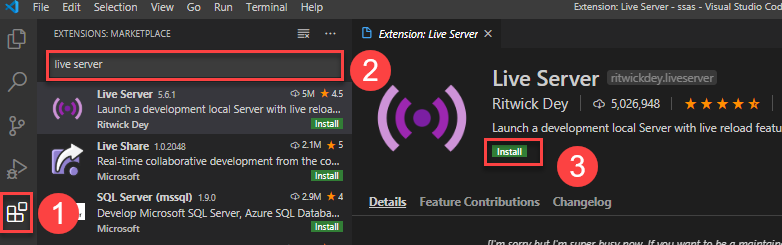 Install Live Server extension in Visual Studio Code